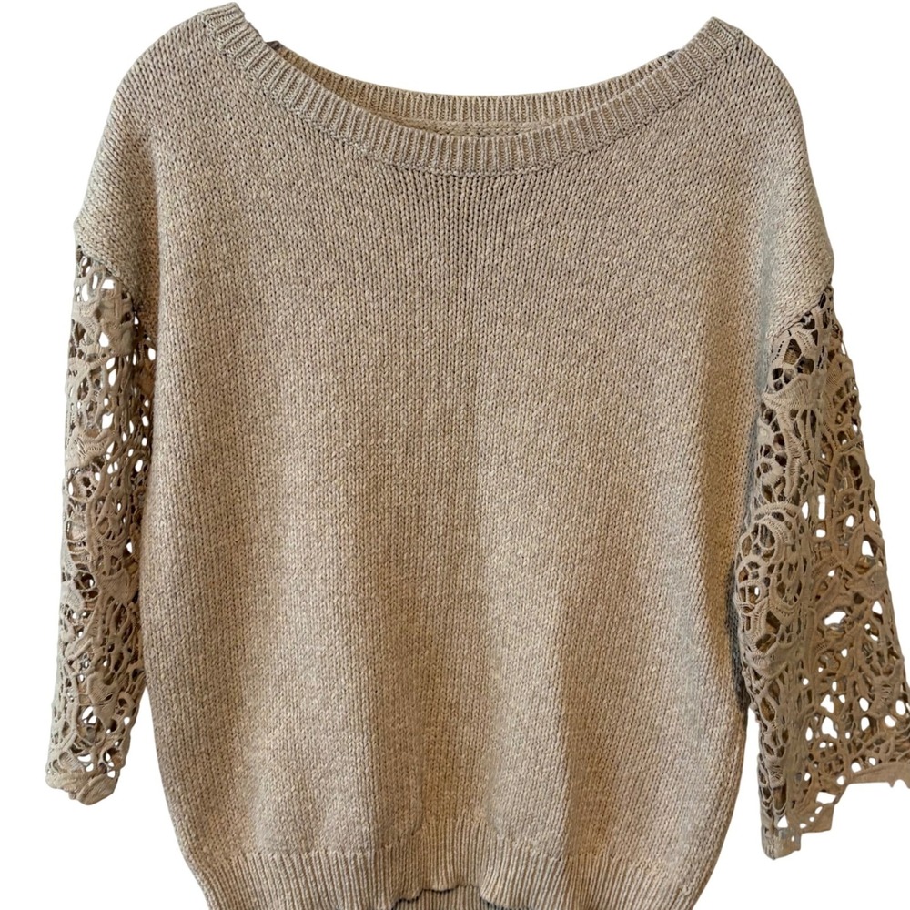 Sundance Women's Tan Neutral Cotton Blend Crochet Arms Sweater in Size S‎